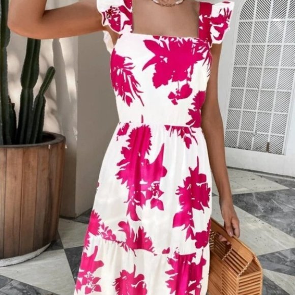 pink floral butterfly sleeve ruffle hem tie back dress - Picture 5 of 8